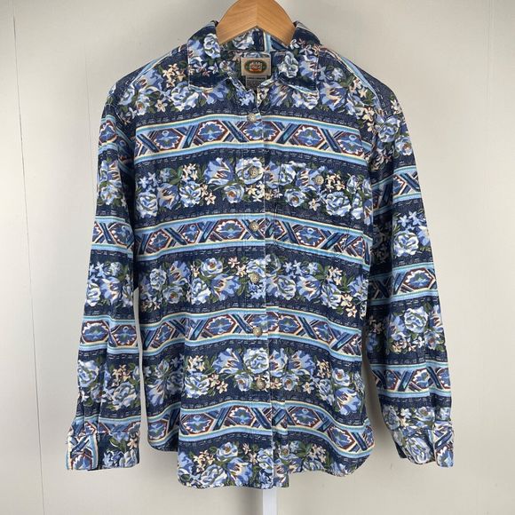 Vintage CM Company‎ Corduroy Shirt Button Up Blue Floral Stripe Womens Large - Picture 2 of 5